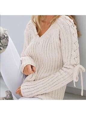 Ivory Chunky Knit V-Neck Chenille Sweater with Lace-Up Sleeves